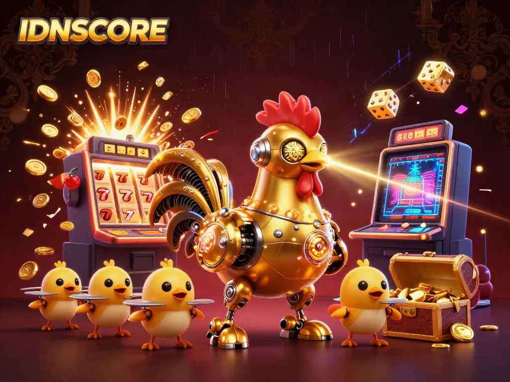 IDNSCORE showcases a vibrant casino scene with a golden rooster robot and lively game elements.