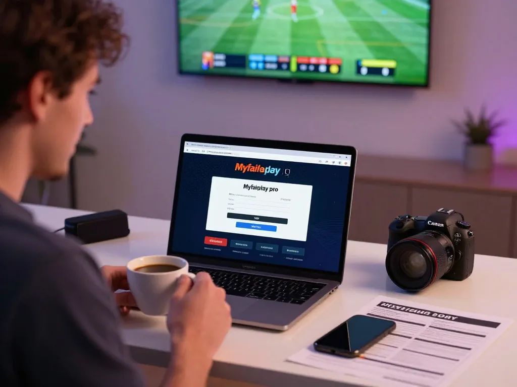 Myfairplay pro login showcased on a laptop with an enthusiastic user at a vibrant online betting workspace.
