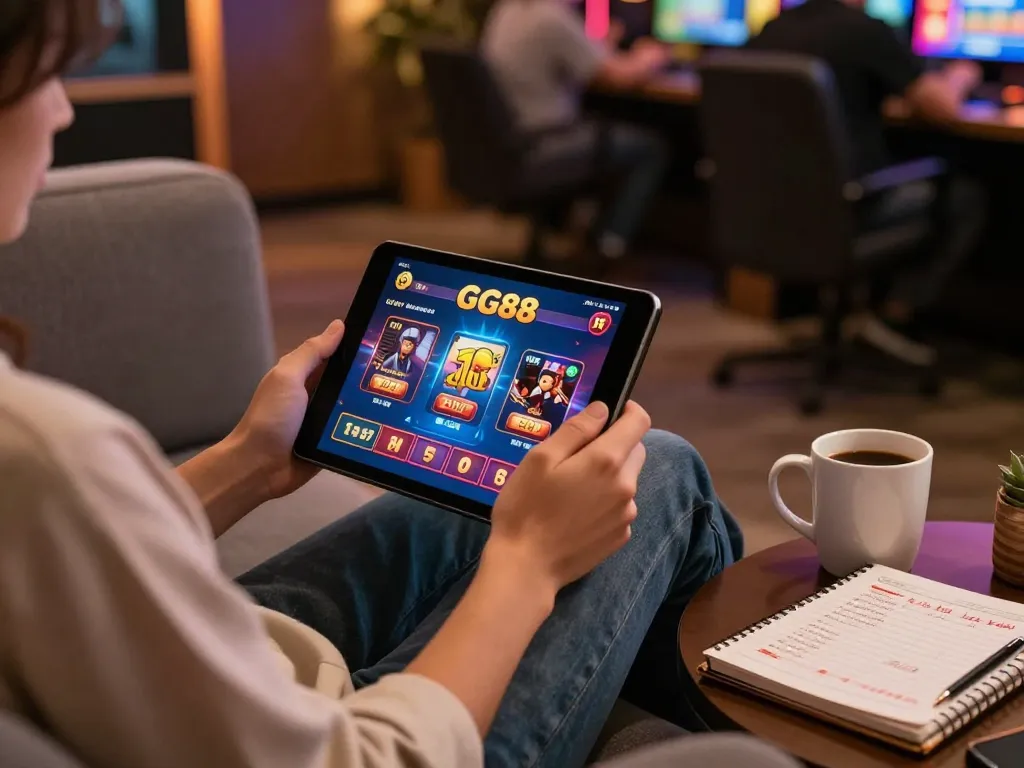 Person engaging with GG88 casino games on a tablet, showcasing a cozy gaming environment.
