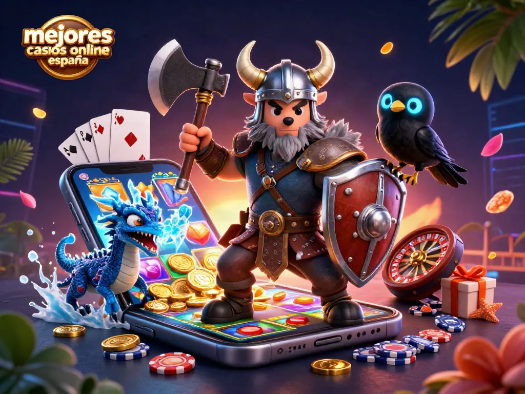 Disfruta de los mejores casinos online en España con un guerrero lobo, dragón y elementos de juego.