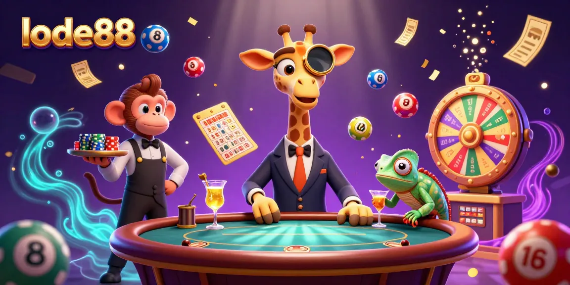 Experience vibrant gaming action with lode88's 3D casino scene featuring a high-roller giraffe, monkey valet, and lively elements.