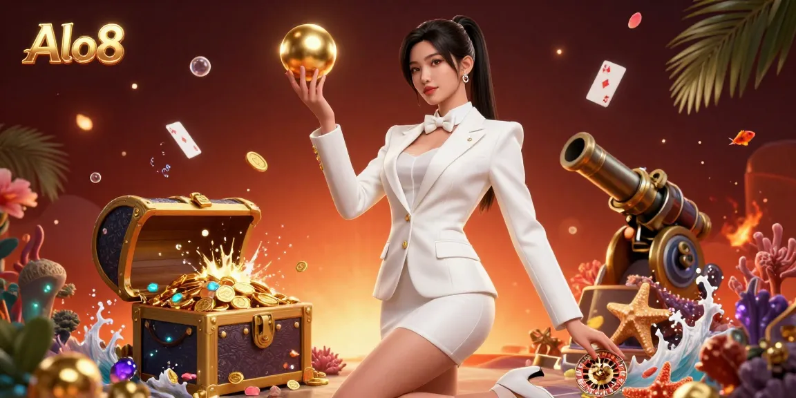 Alo8 showcases a stunning scene with an Asian woman confidently holding a roulette ball among vibrant casino elements.