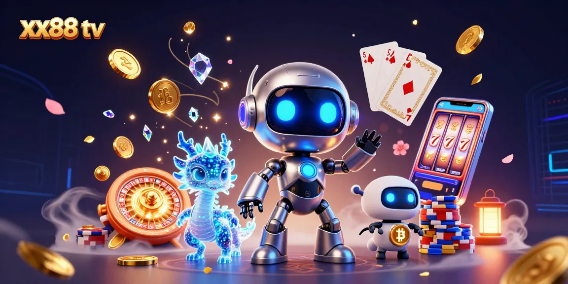 Join the excitement of xx88 tv as a futuristic robot and dragon enjoy a lively casino scene.
