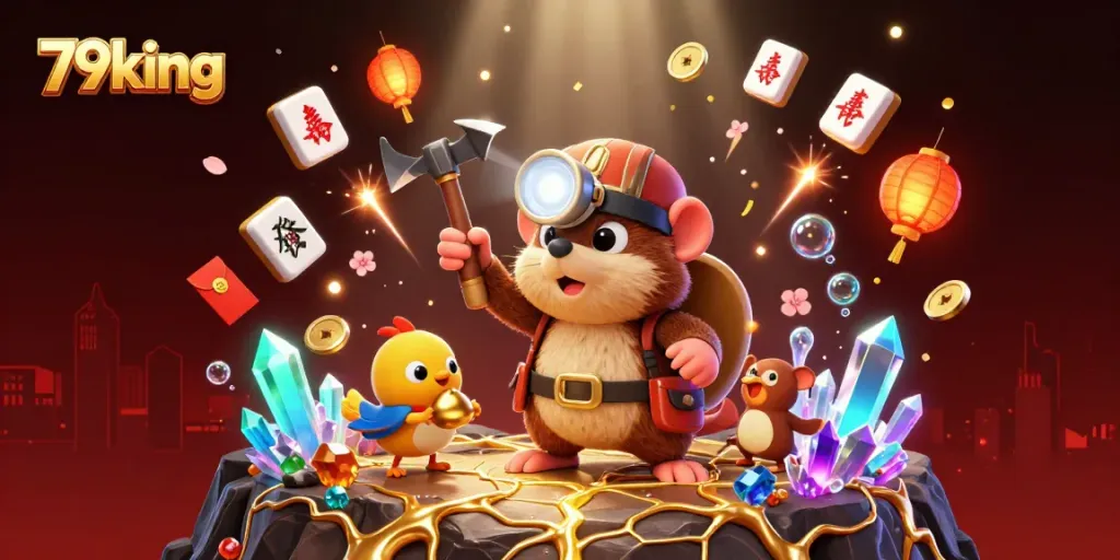 Experience excitement with 79king as the treasure hunter mole and canary explore a vibrant, illuminated cave.