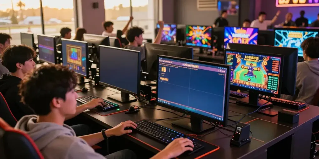 Engaged players enjoying diverse slot games at https://da88z.net/ in a modern gaming lounge.