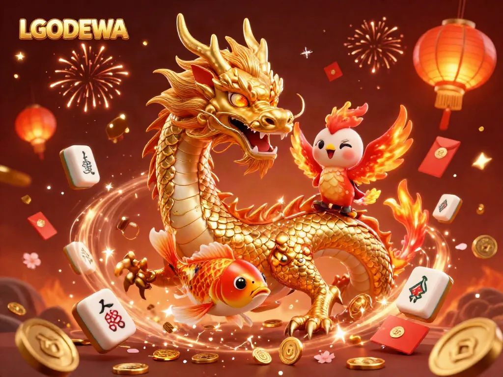 Experience the magic of LGODEWA with a golden dragon, phoenix, and koi fish in a vibrant casino scene.