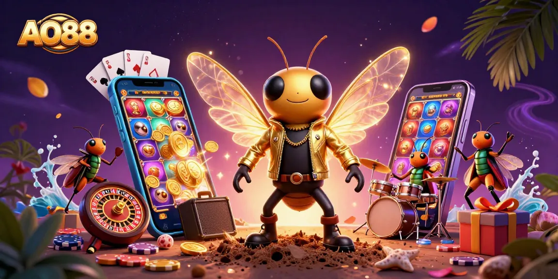 AO88 features a vibrant scene of a rock star cicada and a beetle drummer amid casino games.