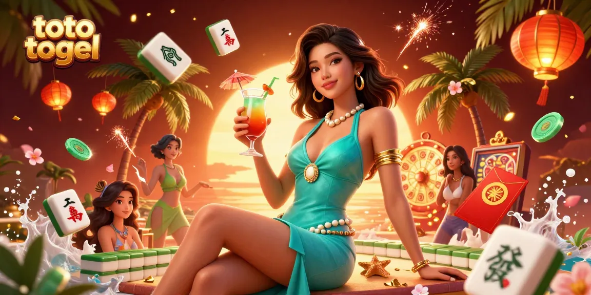 Engage in toto togel with a glamorous Asian woman at a tropical casino, vibrant elements adding excitement.