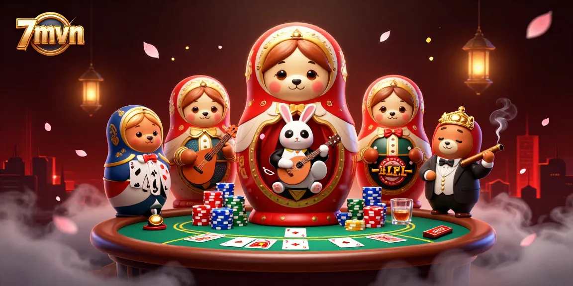 7mvn showcases a vibrant 3D illustration of a casino scene filled with festive characters and poker elements.