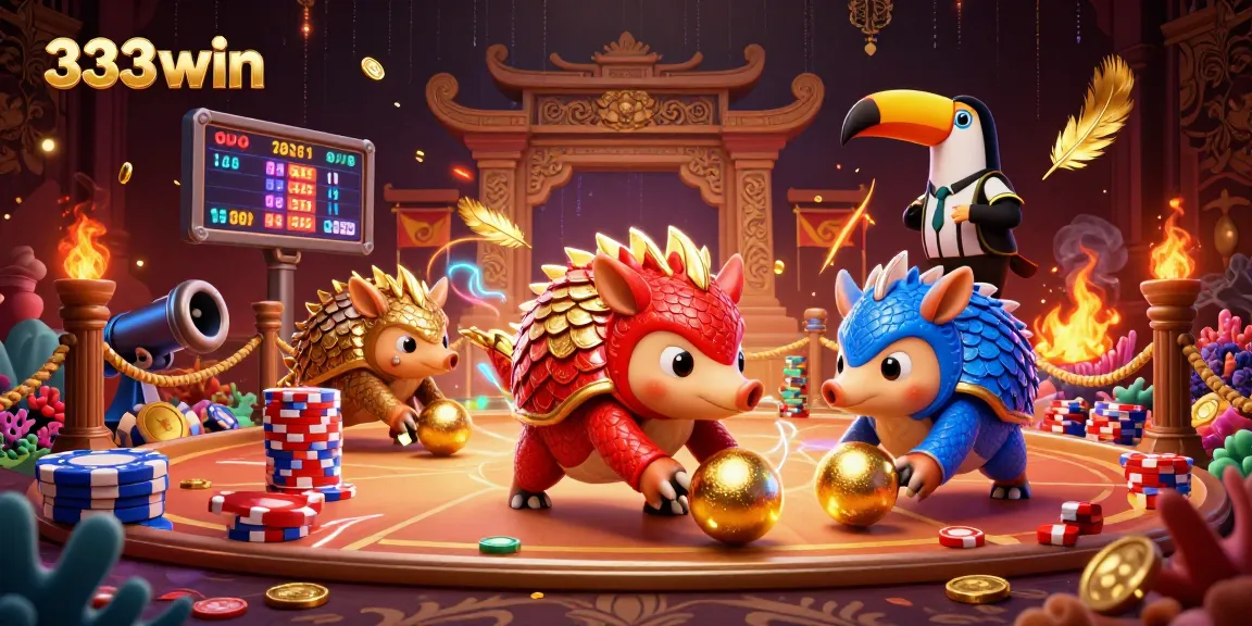 Experience thrilling gameplay in 333win with vibrant pangolin characters bowling poker chips.