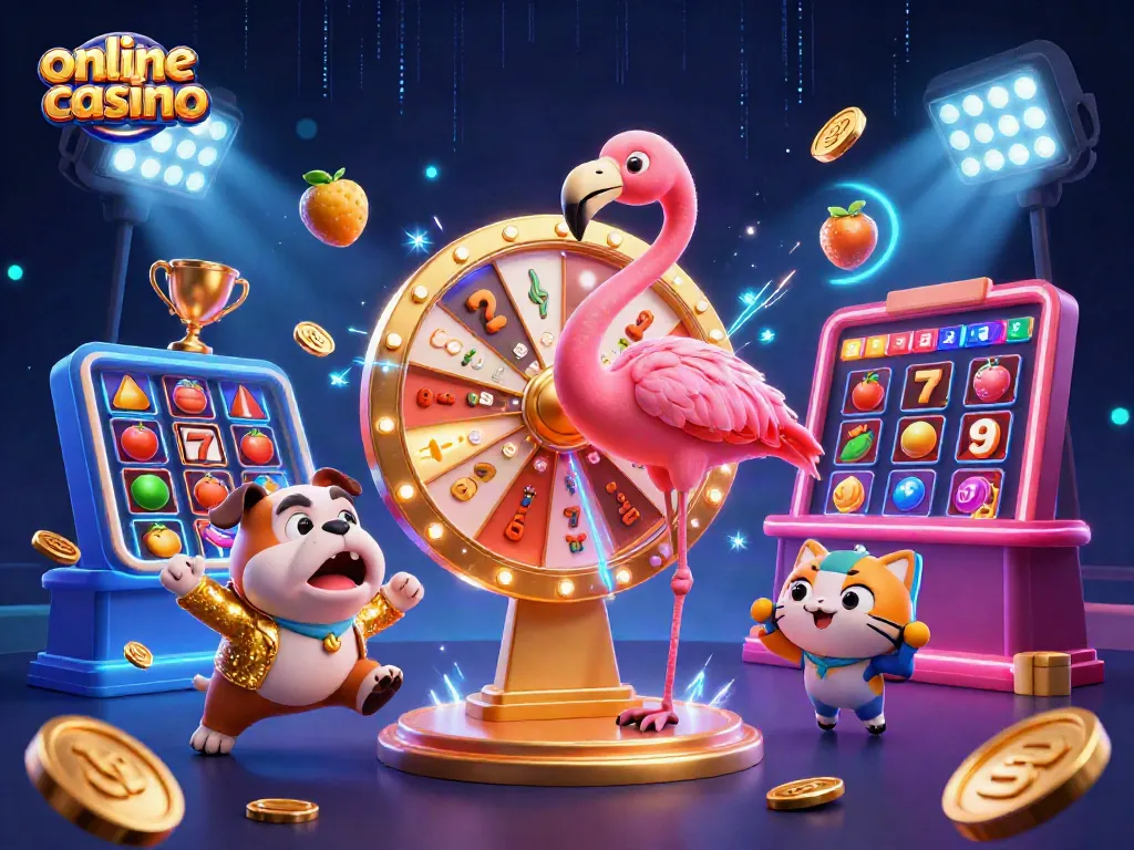Gana en un emocionante online casino mostrando un concurso con un flamenco en un traje dorado y un bulldog emocionado.