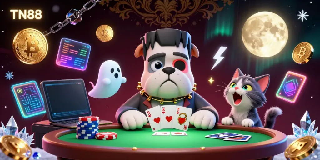 Engage in thrilling poker action with TN88 and a mystical casino atmosphere featuring unique characters and crypto elements.