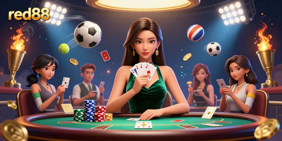 Experience thrilling poker strategies with red88, showcasing a focused player at a luxury table adorned with vibrant casino elements.