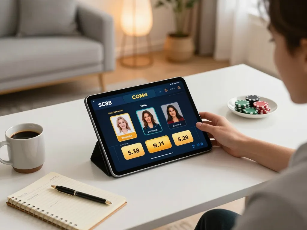 Engaging gameplay on SC88 COM poker app displayed on tablet in a cozy home setting.