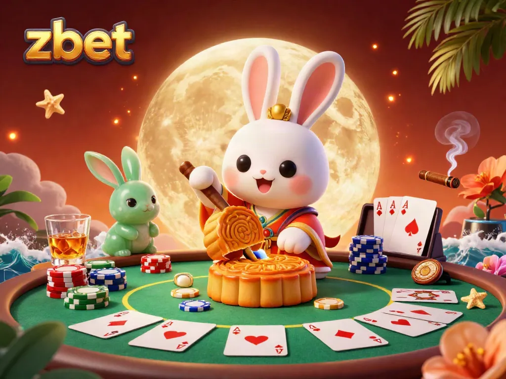 Experience zbet's vibrant 3D casino scene with a moon rabbit and poker elements.