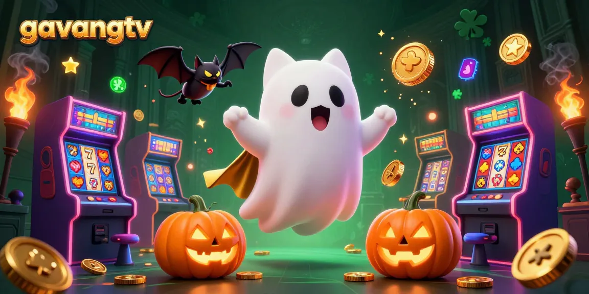 Experience the thrill of gavangtv with a ghost cat and vibrant slot reels in this 3D illustration.