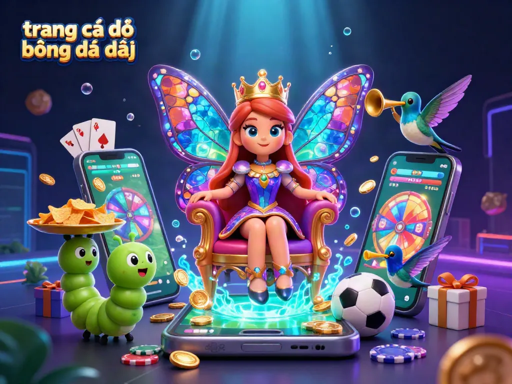 Trang cá độ bóng đá trực tiếp với bướm nữ hoàng 3D và các biểu tượng cá cược sống động.