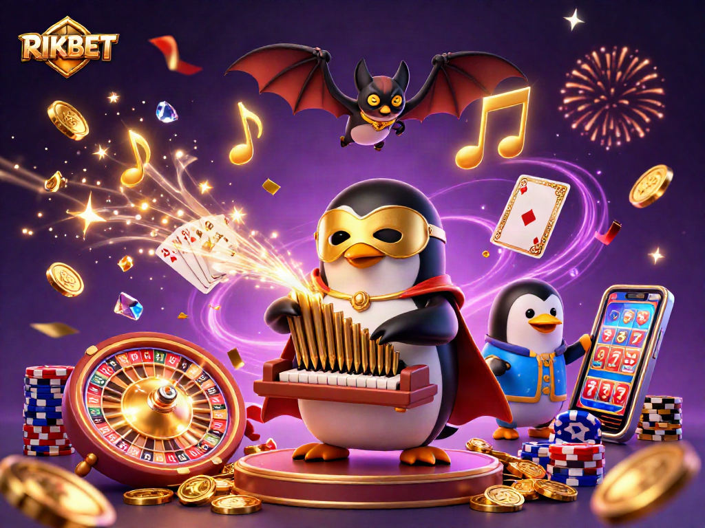 Experience RIKBET's vibrant casino scene with a penguin playing an organ and golden coins cascading.