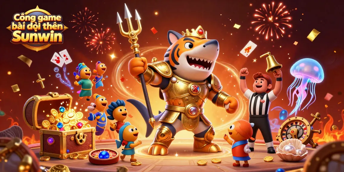 Cổng game bài đổi thưởng Sunwin showcases lively underwater casino scene with vibrant characters and games.