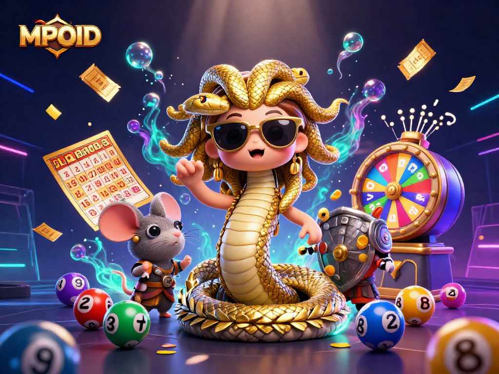 MPOID presents a vibrant 3D illustration featuring Medusa, a warrior mouse, and various gambling elements like lottery balls.