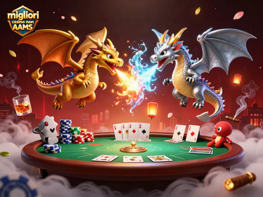 Migliori casino non AAMS: draghi che combattono su fiches da poker in una scena di casinò vibrante