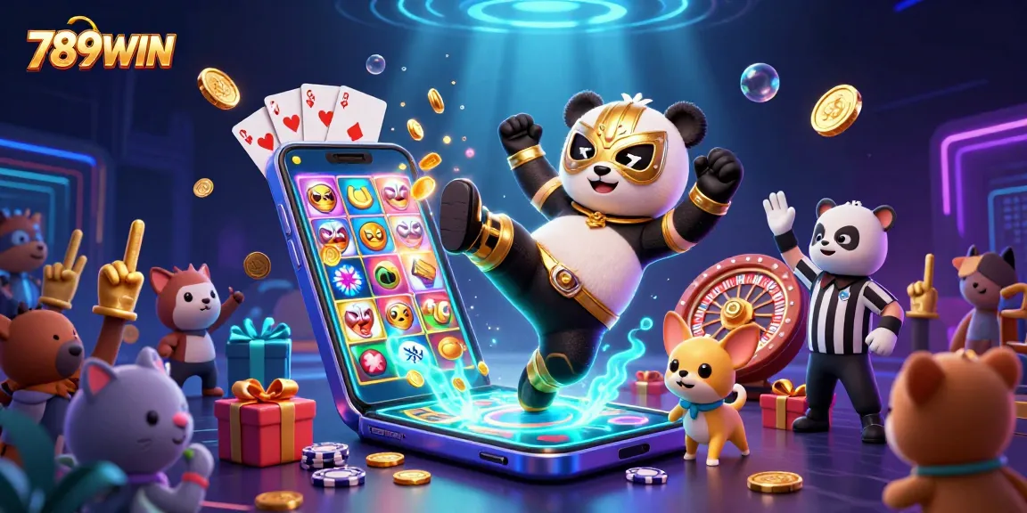 Experience the thrill of 789WIN with vibrant slot games and excited animal fans.