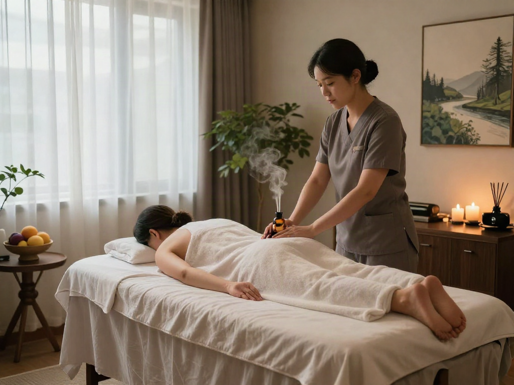 Relaxing 남양주출장마사지 scene in a tranquil spa setting.