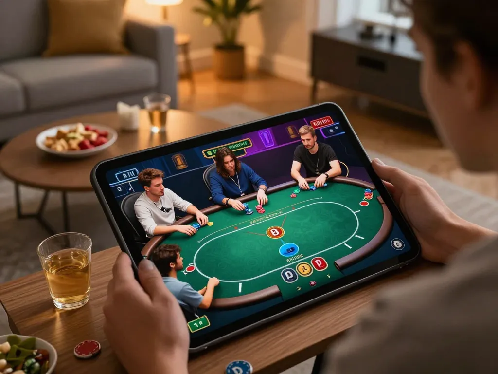 Players engaging with poker game on 68gamebaivn tablet, creating an exciting home gaming atmosphere.