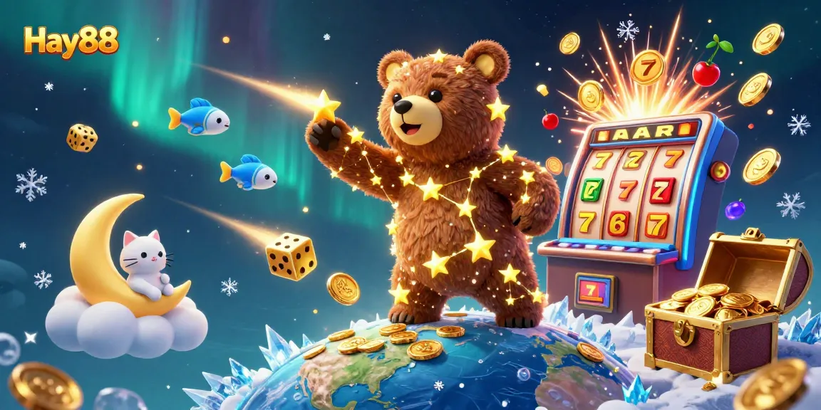 Engage with Hay88's thrilling experience as the constellation bear scoops coins amidst vibrant casino elements.