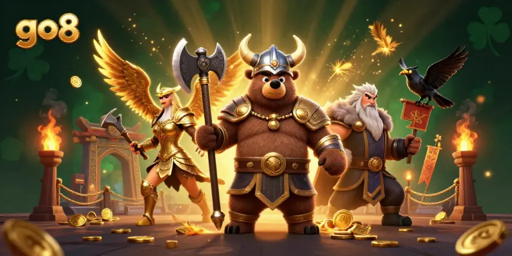 Experience thrilling gameplay at go8, featuring dynamic characters amidst casino elements in a vibrant arena.