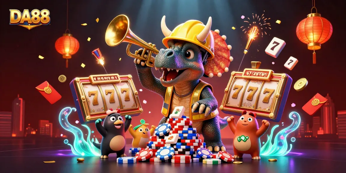 DA88 players enjoy a lively casino scene with a triceratops stacking poker chips.