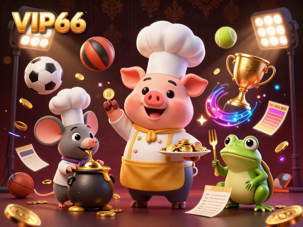 Experience VIP66 casino excitement with a vibrant 3D scene of cartoon characters serving gold coins and sports elements.