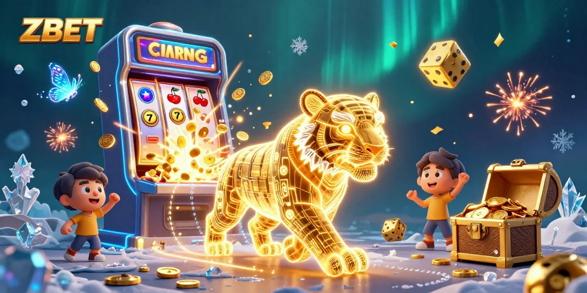 ZBET explores exciting casino adventures with a neon tiger and jackpot slots bursting with coins.