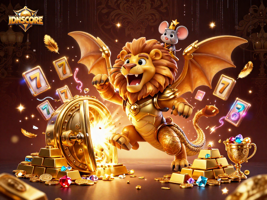 IDNSCORE showcases a vibrant 3D scene of a golden chimera celebrating jackpot wins for gamblers.
