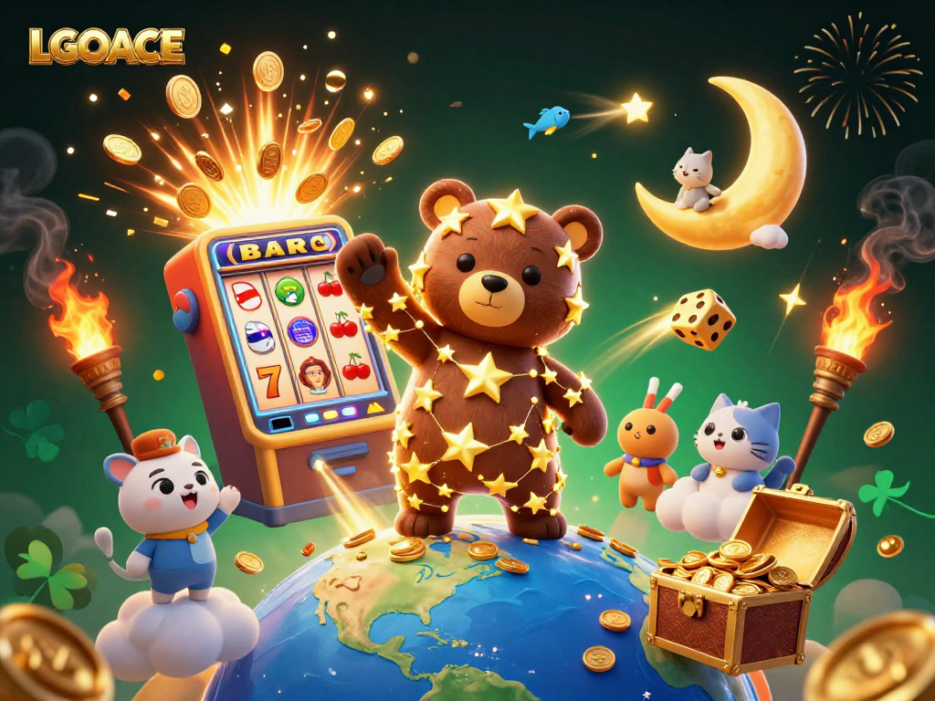 LGOACE offers a vibrant, engaging casino scene with a constellation bear and dynamic game elements.