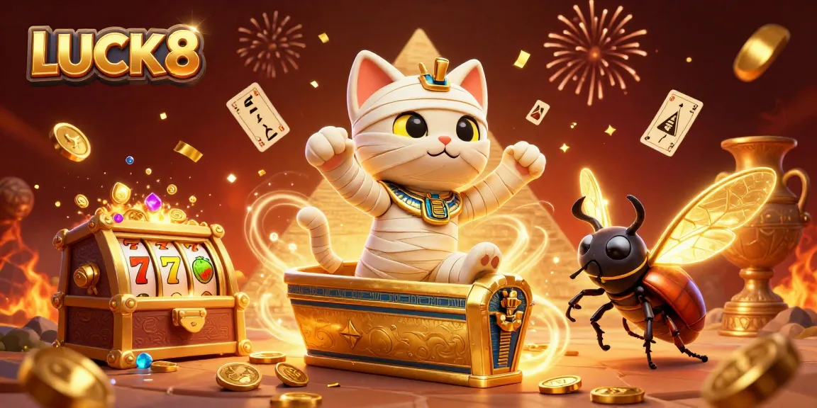 Engage in thrilling casino action with the LUCK8 mummy cat and treasures in a vibrant, dynamic scene.