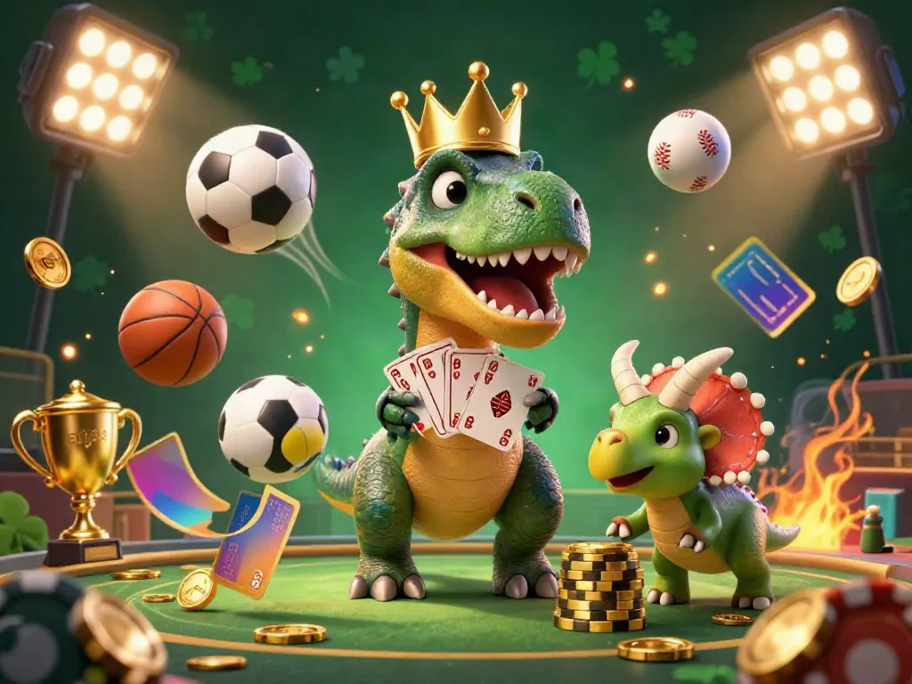 Experience thrilling gaming with au88 as T-Rex shuffles cards and a pterodactyl assists in a vibrant 3D casino scene.