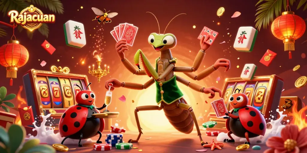 Experience thrilling gaming action at Rajacuan with colorful characters, jackpots, and vibrant decorations.
