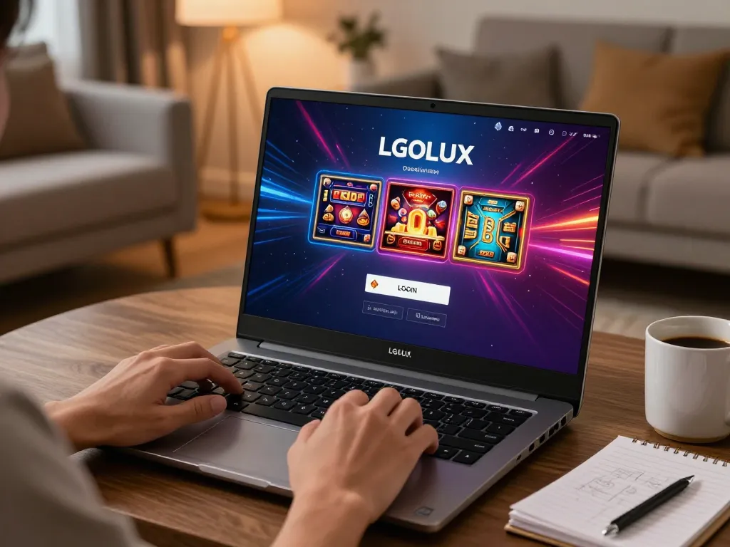 Engaging in LGOLUX LOGIN for a premium online gaming experience on a stylish laptop.