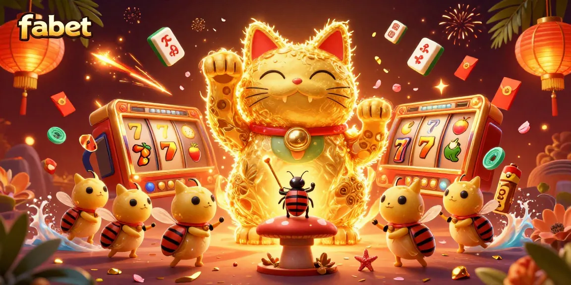 Engage with fabet’s vibrant casino world illustrated by a golden lucky cat surrounded by joyous game symbols.