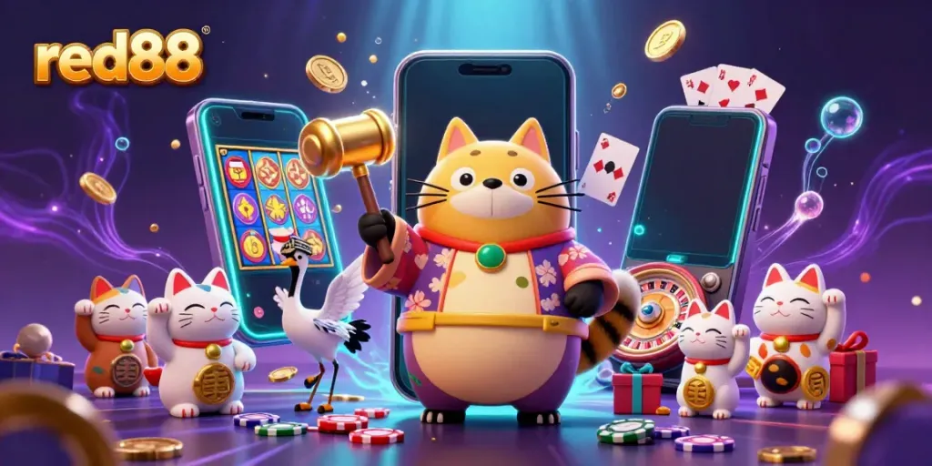 Experience thrilling gaming with red88, featuring a cheerful tanuki, lucky symbols, and casino excitement.