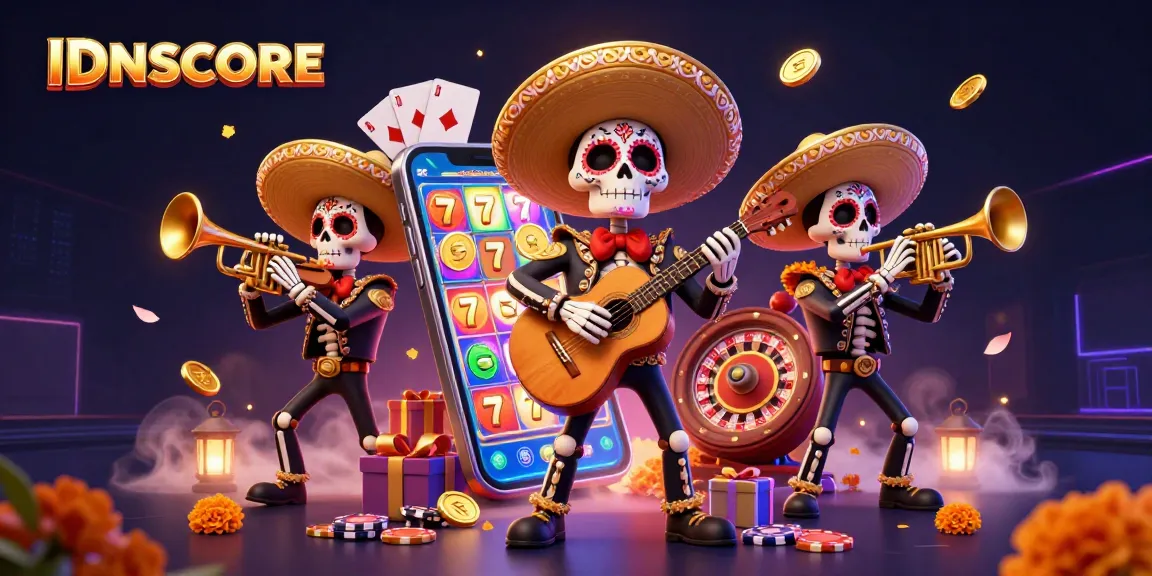 Experience gaming excitement with IDNSCORE's vibrant cartoon scene of mariachi skeletons and exciting slot games.