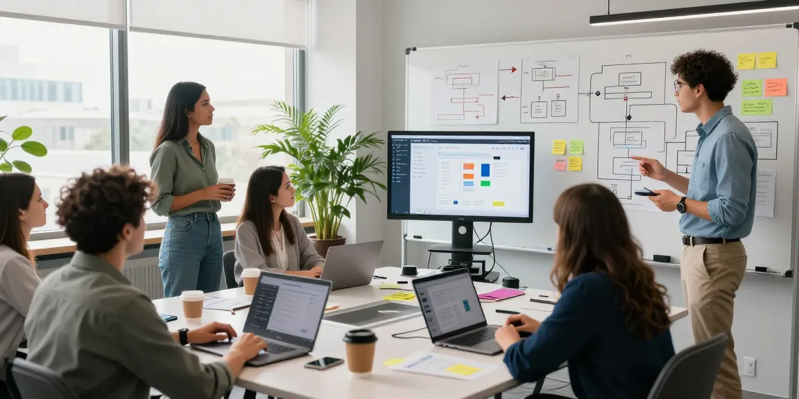 Build internal tools with AI in a vibrant tech workspace, featuring a diverse team collaborating around a whiteboard filled with diagrams.