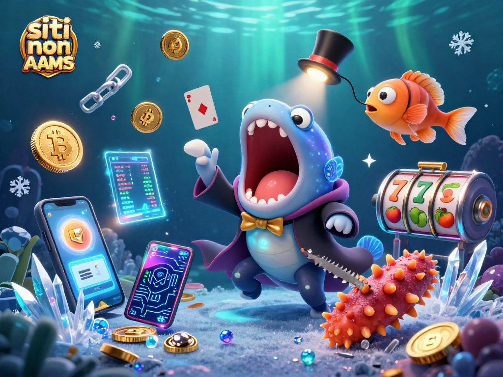 Illustrazione avvincente di siti non AAMS, presenta un’elegante anglerfish e un’anguilla animata insieme a simboli del gioco.