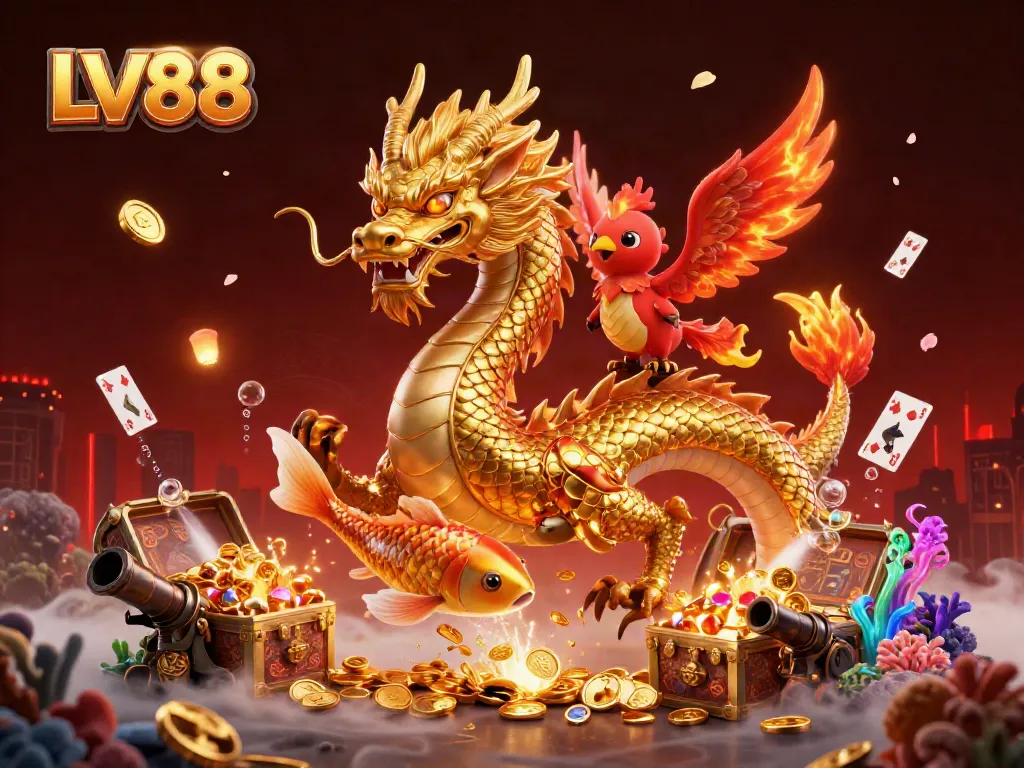 Experience LV88's thrilling casino adventure with a golden dragon and lucky koi leaping through coins.