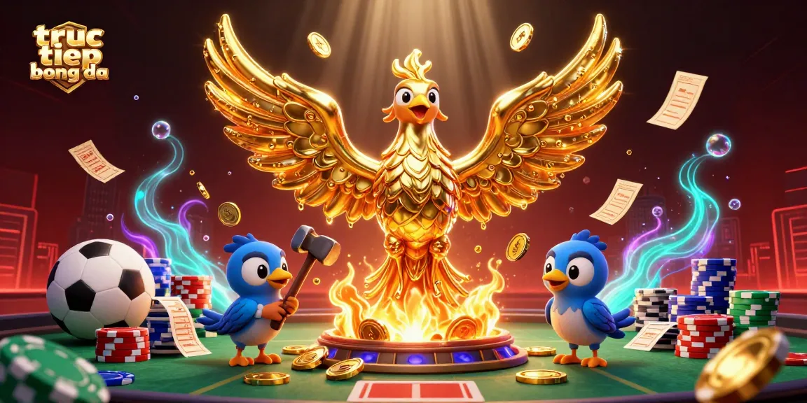 Experience truc tiep bong da with a dazzling phoenix of molten gold surrounded by sports balls and betting slips.