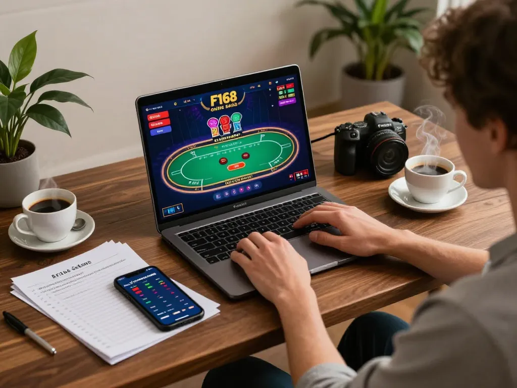 Player engaged in F168 online casino gaming with a laptop and betting notes in a cozy setup