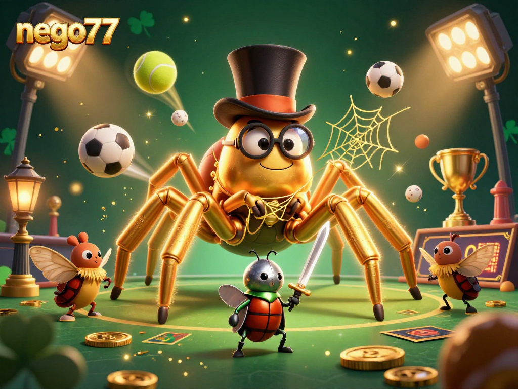 Nego77 showcases a thrilling sports betting showdown with a golden tarantula and beetle knight, framed by sports elements and excitement.