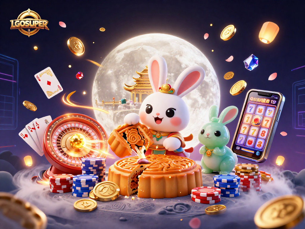 Play exciting games on LGOSUPER with 3D moon rabbit and vibrant casino elements.