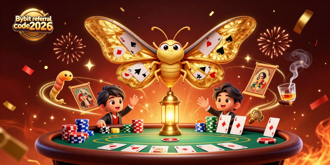 Engage with Bybit referral code 2026 through a vibrant scene with poker elements and an enchanting moth.